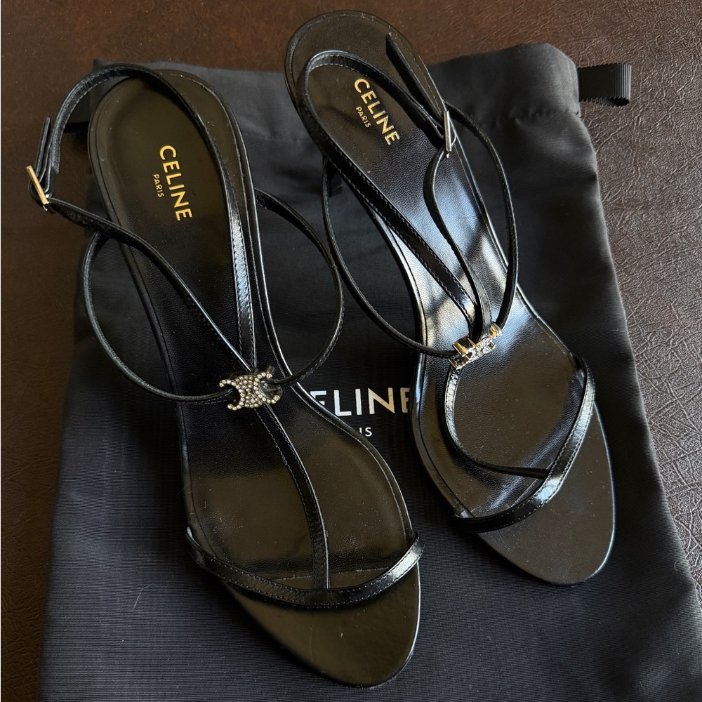 ♥️Celine♥️T-Bar Crystal Triomphe Strappy Sandal Heels